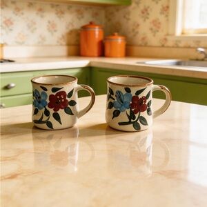 Handmade Studio Stoneware Mugs Pair-Floral Slip-Trailed Design-Artisan Signed